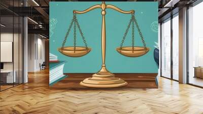 Scales of justice with books on a wooden table against a green background. Wall mural