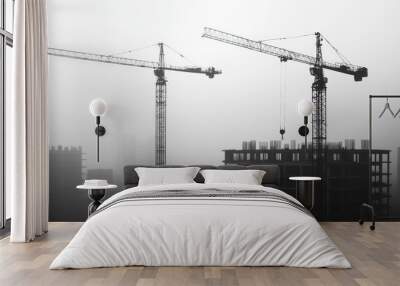 Silhouetted construction cranes against a misty skyline, symbolizing urban development and modern architecture in progress. Wall mural