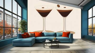 Two espresso martinis with coffee beans on top, on a brown surface. Wall mural