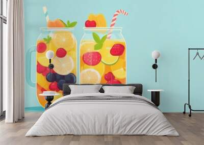 Two mason jars filled with fruit infused water with a straw and mint leaves. Wall mural