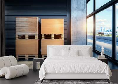 Two wooden pallets stacked in a bright room with large windows, showcasing a modern industrial setting with a city view. Wall mural