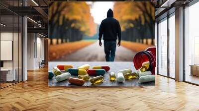 A conceptual image depicting the journey of overcoming drug and opioid addiction, symbolizing the struggle and success of becoming free from the grip of prescription pills and substance abuse (24) Wall mural