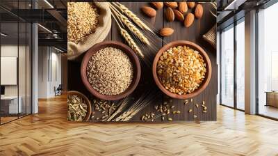 A variety of whole grains including brown rice, quinoa, oats, and barley arranged in bowls, symbolizing a nutritious diet for a healthy lifestyle   Wall mural