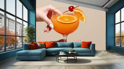 a vintage retro female hand holding a cocktail isolated on a plain background, 1960s and 70s style. (11) Wall mural