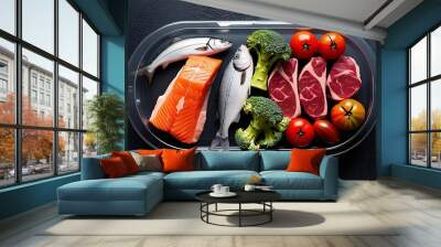 B12 supplement capsules alongside natural sources of the vitamin, including fresh cuts of meat and green broccoli, illustrating organic and nutritional options for health (9) Wall mural