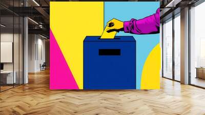 Democratic voting concept, featuring a stylized hand placing a paper ballot into a slot of a ballot box, set against a clean, minimalistic background (1) Wall mural