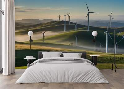 Panoramic landscape photograph showcasing a vast array of wind turbines scattered across rolling hills and mountains   Wall mural