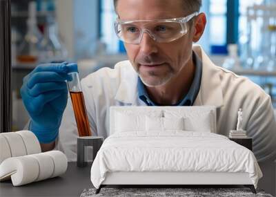 Scientist in lab coat and safety goggles examining test tubes, representing precision medicine in pharmaceutical research (9) Wall mural