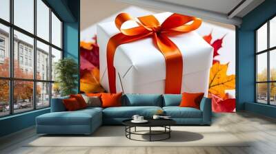 two packages tied with a ribbon and leaves around from fall, (24) Wall mural