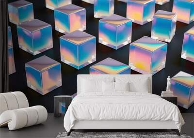 A set of 3D glass square shapes exhibiting refraction and holographic light dispersion, isolated on a black background for a transparent crystal effect (22) Wall mural