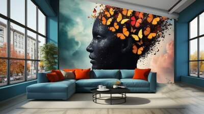 A silhouette of a human head composed of butterflies, symbolizing transformation and emotional healing (12) Wall mural