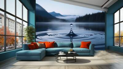 A single water droplet creates ripples in the serene lake, symbolizing the importance of recycling and reusing water to conserve precious drinking water resources Wall mural