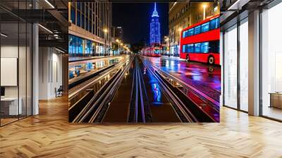 An engaging nighttime urban scene capturing a red tram speeding along wet city streets. The rain-soaked surface brilliantly reflects the city's neon lights, highlighting the city's vibrance and energ  Wall mural