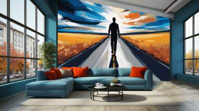 An image of a man standing at a crossroads, contemplating the right path to take, portrayed as an artistic collage (19) Wall mural