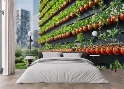 Vertical farming setup showcasing lush green plants growing in a soil-less hydroponic system with nutrient-rich water, under artificial LED lighting, representing sustainable agriculture technology  Wall mural