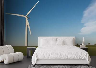 Wind turbine majestically standing in the green fields under a clear blue sky, exemplifying the harnessing of renewable energy resources in harmony with the natural environment  Wall mural