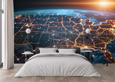 an image of the united states map with lines and connections, night photography, aerial view, light , internet , networks connections concept ,  space view , technology Wall mural