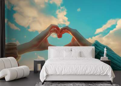 Close-up of two hands forming a heart shape against a bright blue sky with fluffy white clouds, symbolizing love, unity, and togetherness. Concept of love, unity, peace, and emotional connection. Wall mural