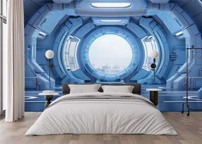 corridor or room inside a space station or spaceship, designed with sleek, futuristic aesthetics,large circular window,Minimalist metallic steel spaceship door
 Wall mural