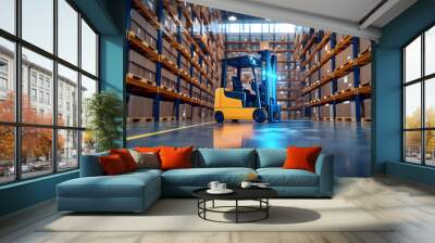 Forklift does storage in warehouse using ai automation technology, Logistics warehousing , Robotics application in industrial logistics, Shelves contain storage boxes , artificial intelligence Wall mural