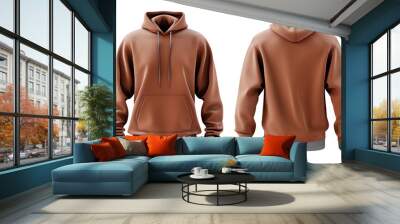 Front and back view of brown hoodie sweatshirt with drawstrings and pocket on isolated transparent background. Concept of casual fashion, comfortable clothing, and apparel design.
 Wall mural