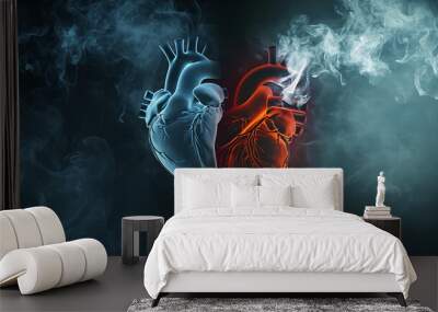 human heart anatomy in red and blue , smoking hot heart vs cold heart Wall mural