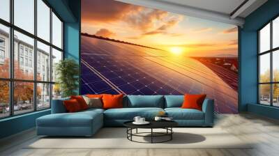 solar power panels on home roof at sunset, green house building eco industry, sun cell system, solar energy panel, future electrical technology, light nature sky , photovoltaic, Renewable energy Wall mural