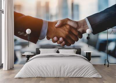 Successful business agreement depicted by a handshake between two professionals with a cityscape view in the background. Concept of partnership, collaboration, corporate success, and business deal. Wall mural