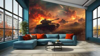 Tanks game background , fighter tank at battlefield fighting, shoot fires , epic battles , strategic warfare, war fire , attack enemies, intense gaming wallpaper, explosions, thrilling war scenes, ww3 Wall mural