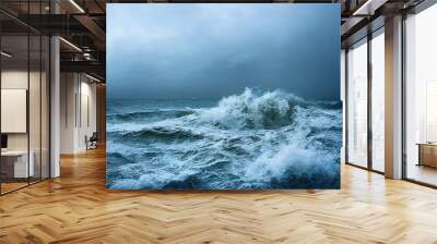 sea wave during storm in the ocean with big clouds and rain. Wall mural