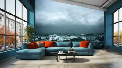 sea wave during storm in the ocean with big clouds and rain. Wall mural