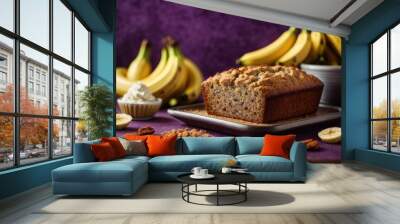 Banana bread on the table on purple background, banana cake with nuts, Banana cake with almonds, bread and banana, bread with banana, Banana muffins, homemade banana pie, banana bread with raisins Wall mural