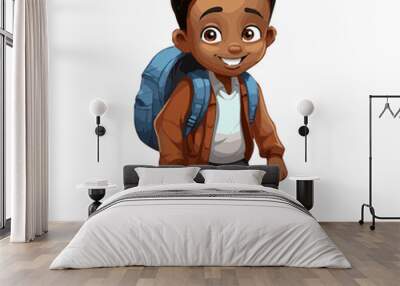 simple cartoon clipart black african american boy student child going to school white background Wall mural