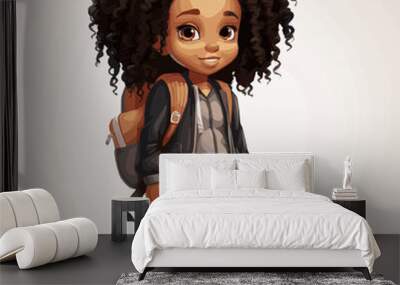 simple cartoon clipart black african american girl student child going to school white background Wall mural