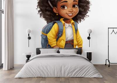 simple cartoon clipart black african american girl student child going to school white background Wall mural