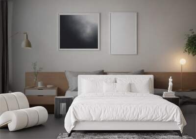 An empty bedroom interior design illustration template image, An empty photo frame on the wall interior mockup design. Wall mural