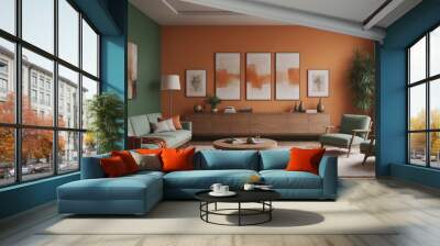 Modern interior of living room design with orange and green wall design background. Wall mural