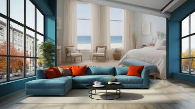 Ultra-realistic sea-side master bedroom with photo frames and other accessories interior design image template. White bedroom interior image. Wall mural