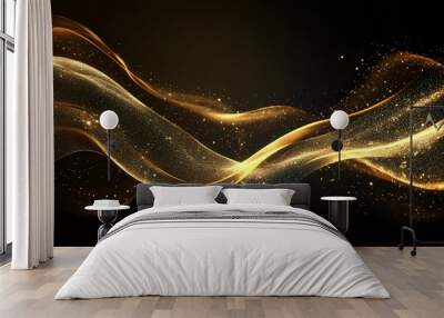 Abstract glowing golden waves flowing on black background for wallpaper, poster and banner design Wall mural