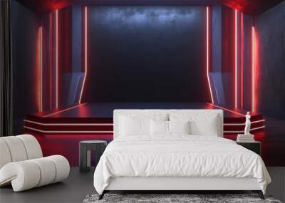 Empty futuristic podium stage background with red and blue neon lights illuminating concrete grunge room Wall mural