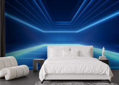 Empty futuristic room with glowing blue neon lights on a dark background Wall mural