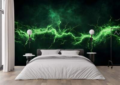 Green electric lightning is striking in dark sky background, creating a powerful and dramatic atmosphere Wall mural