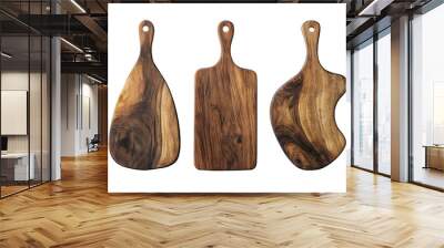 Realistic wooden cutting board cutout set with beautiful natural wood grain patterns, perfect for kitchen cooking culinary concept Wall mural