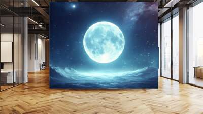 Surreal giant blue moon shining over space mountains in starry night sky background for astronomy planet design concept Wall mural