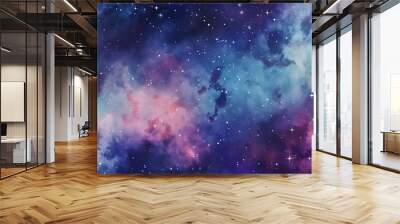 Watercolor abstract blue, pink and purple cosmic galaxy with glittering star universe background  Wall mural