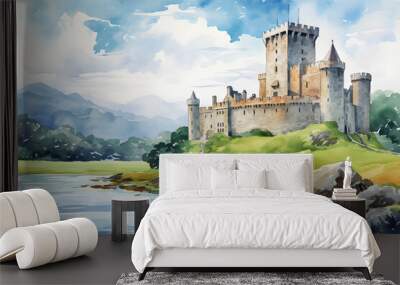 Watercolor Ireland Castle tower painting landscape background painted for illustration graphic design Wall mural