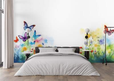 Watercolor spring summer meadow with butterfly and flowers border background for design decoration Wall mural