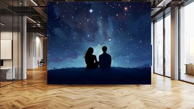 Watercolor young couple sitting under the sparkling galaxy night sky background for valentine lover  Wall mural