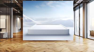 White square podium platform on winter mountain background with a bright cloudy sky view Wall mural