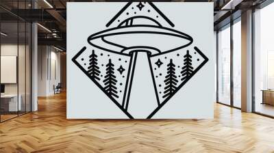 UFO spaceship Abduction cartoon Black and white - Vector art illustration Wall mural